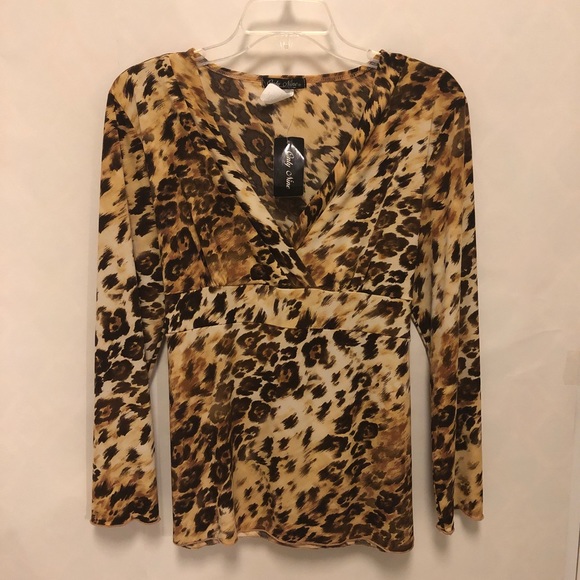 Only Nine Tops - Only Nine Leopard Print Faux Wrap Top w/ Tie-Back
